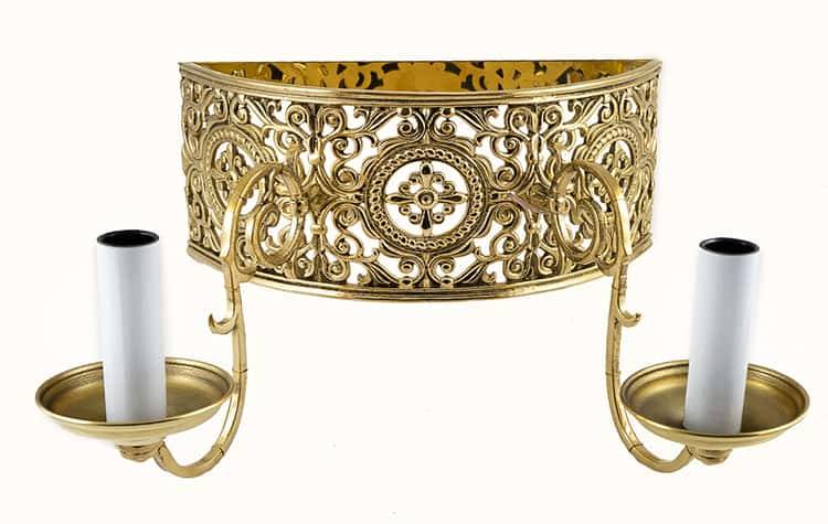 Brass sconce &quot;Don&quot; with two arms, with a high carved semicircular belt