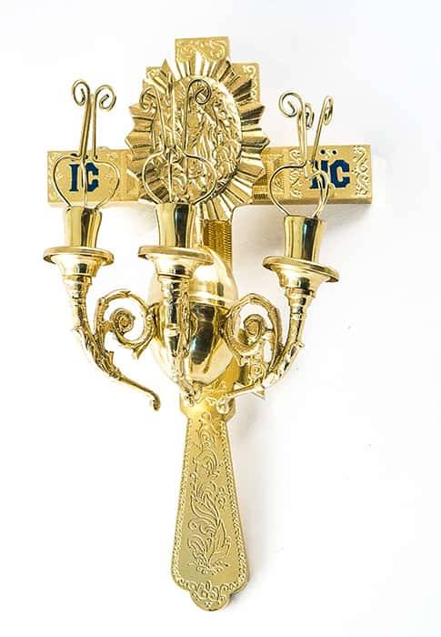 Brass Easter three-candlestick: eight-pointed cross, Easter. egg, cast icon &quot;Resurrection&quot;, candle holders with springs, 30 cm high, No. 19