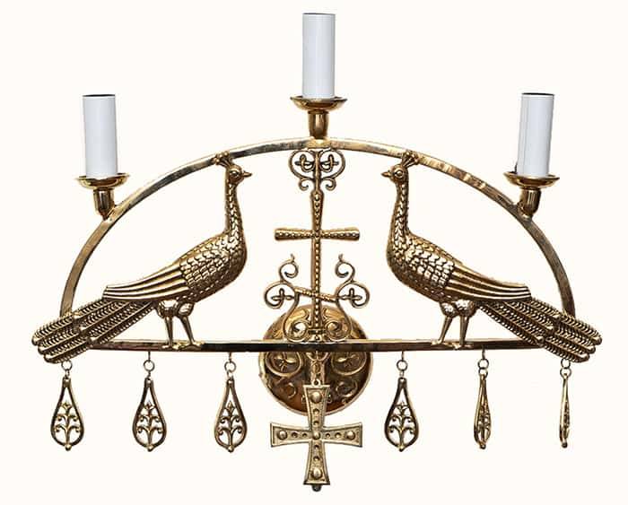 Brass sconce &quot;Peacocks&quot; three-horned