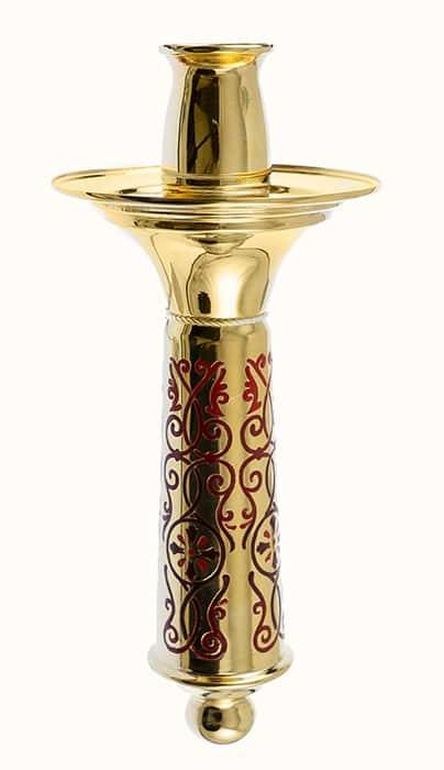 Polyeleic candlestick No. 13, handmade, brass, silver-plated, etched, with red enamel, height 17 cm, 2.7.0747lp (6028684)