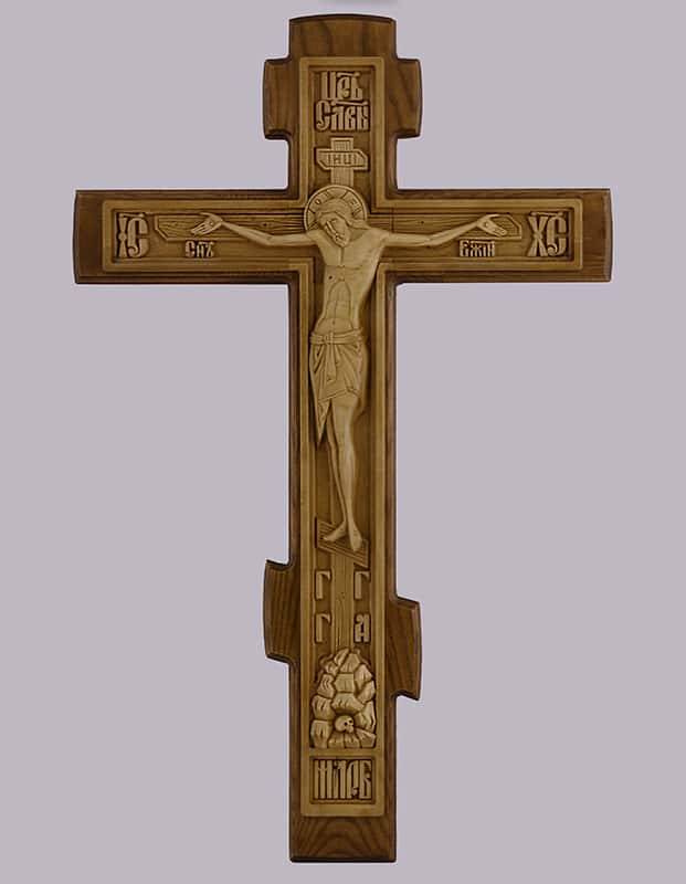 Wooden cross 17102, made of oak, with a carved linden insert, 65 cm high
