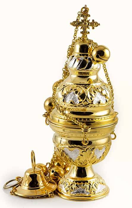 Large brass censer &quot;2-tier&quot;, with gilding and silvering, with embossing, with bells, handmade, Greek, 24 cm high