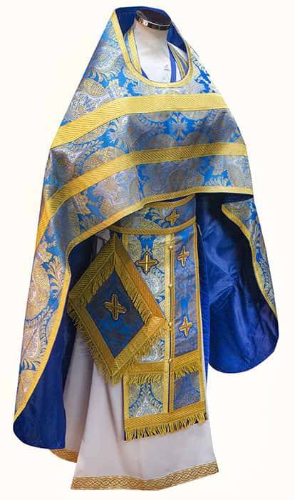 Priestly vestments, blue with gold, 90/145 brocade &quot;Domes&quot;, Greek galloon