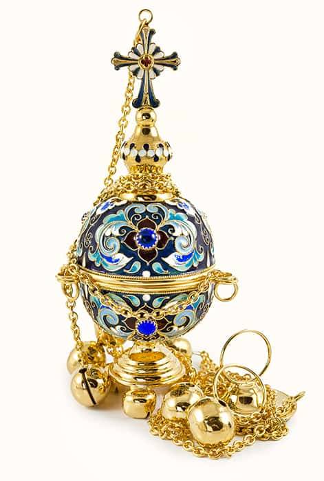 Large round brass censer with full enamel, gilding and stones, with vertebrae, 21 cm high
