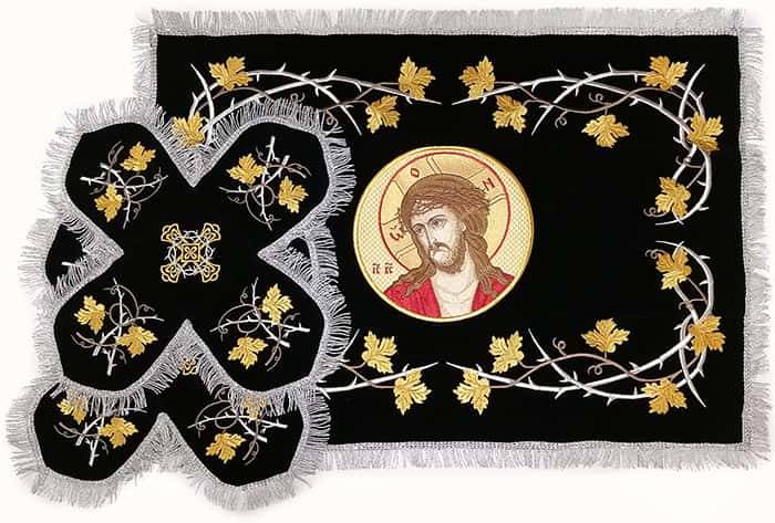 Покровцы черные с серебром и воздух, бархат, икона вышитая "Христос в терновом венце", 11 х 11 см