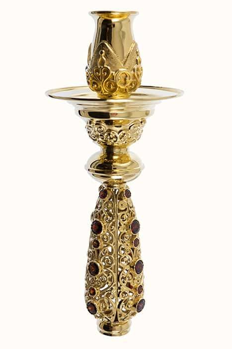 Polyeleic candlestick No. 1, handmade, brass, with gilding, with inserts, height 22 cm, with red insert, in a box, 2.7.0742lp (6026925)