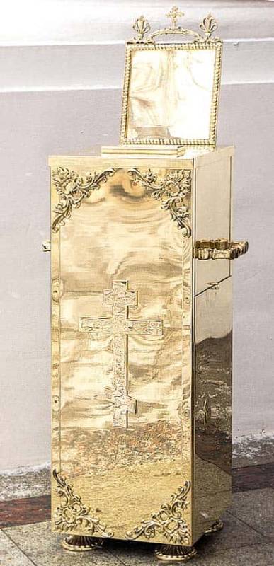 Кружка-ящик для пожертвований латунная напольная, с рамкой для надписи и литыми накладками