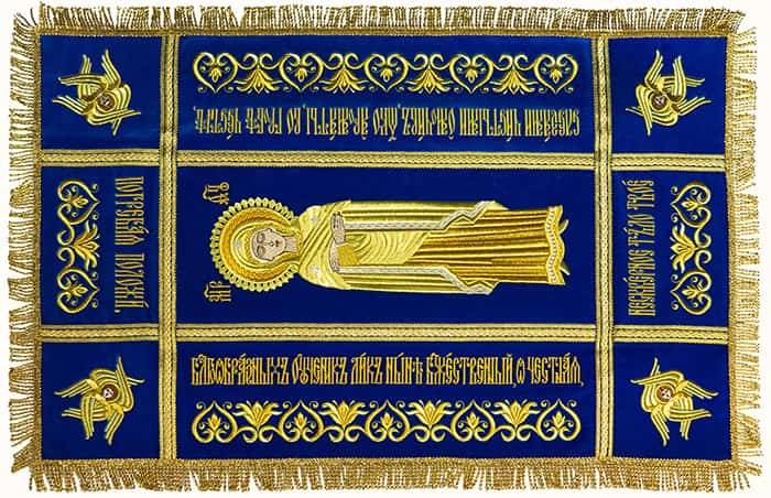Giulgiul „Adormirea Maicii Domnului” catifea, broderie, dimensiune 82 x 53 cm, piesa centrala 52 x 22 cm