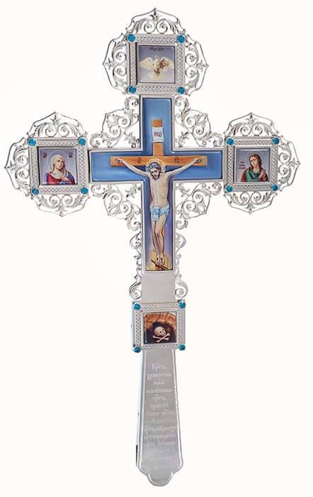 Крест напрестольный латунный № 13, с посеребрением, с плашками, с голубой вставкой, в коробке 2.7.1842л-2 (6072611)
