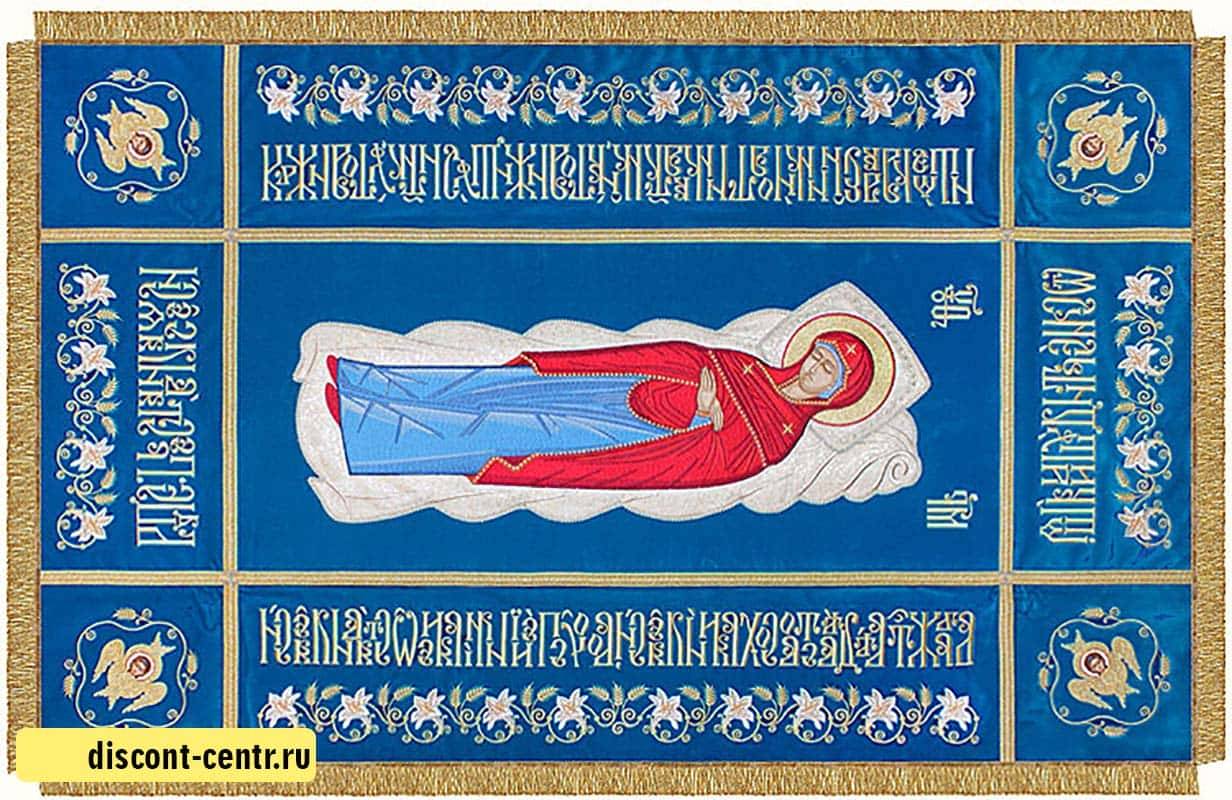 Giulgiul „Adormirea Maicii Domnului” catifea, icoana brodata, dimensiune 170 x 110 cm, piesa centrala 110 x 50 cm