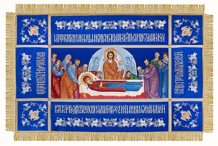 Giulgiul „Adormirea Maicii Domnului cu Cei Viitori” catifea, icoana brodata, dimensiune 124 x 82 cm, piesa centrala 80 x 38 cm